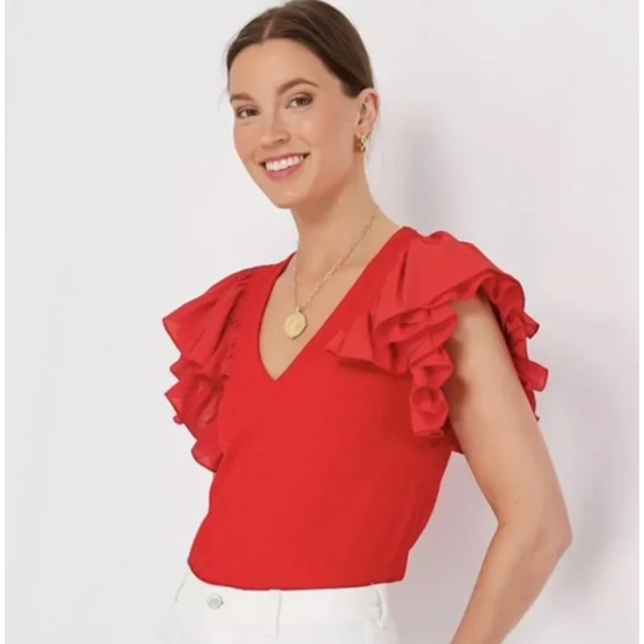 Red Pomander Place Ruffle Sleeve Rib Knit Top Tuckernuck S Preppy V-neck - Picture 1 of 6